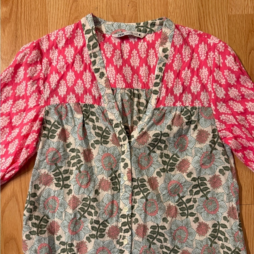 Zara Pink and Green Patterned Dress Size Small - Picture 9 of 10